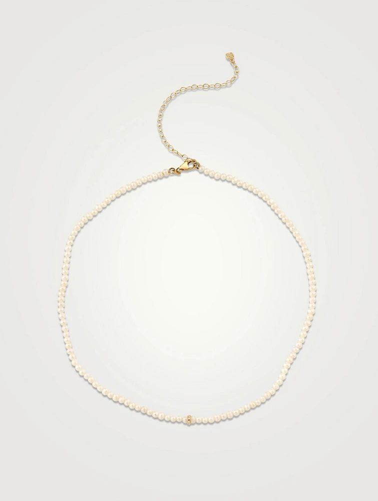 Pearl Choker Necklace With 14K Gold Round Bezel Rondelle With Diamonds