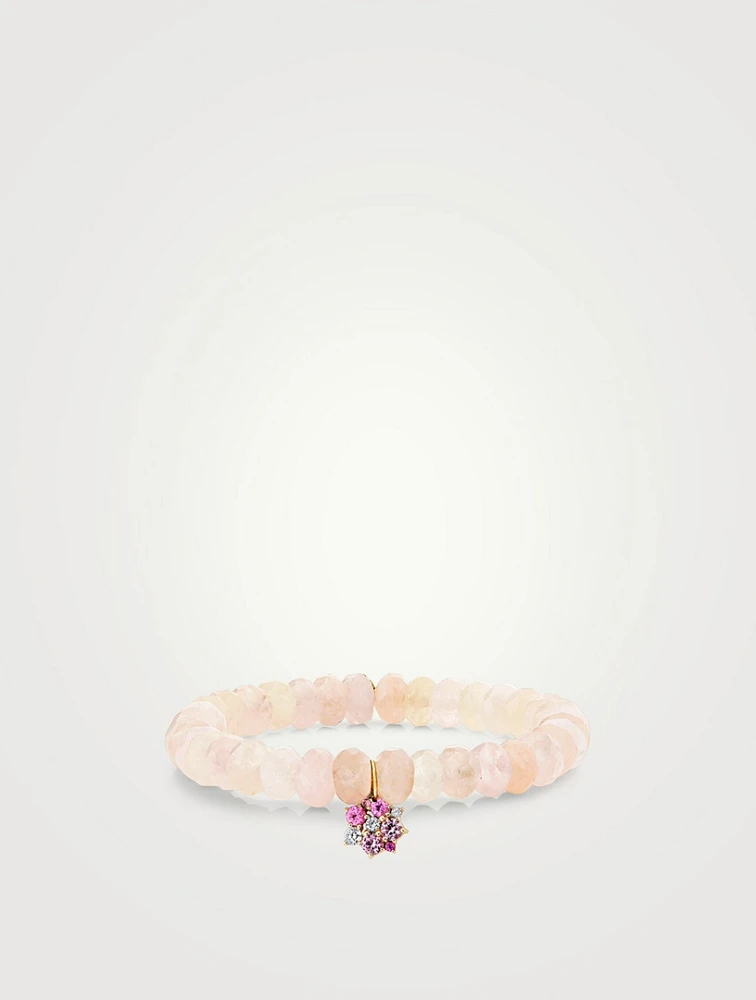 Morganite Beaded Bracelet With 14K Gold Pink Sapphire And Diamond Cocktail Disc Charm