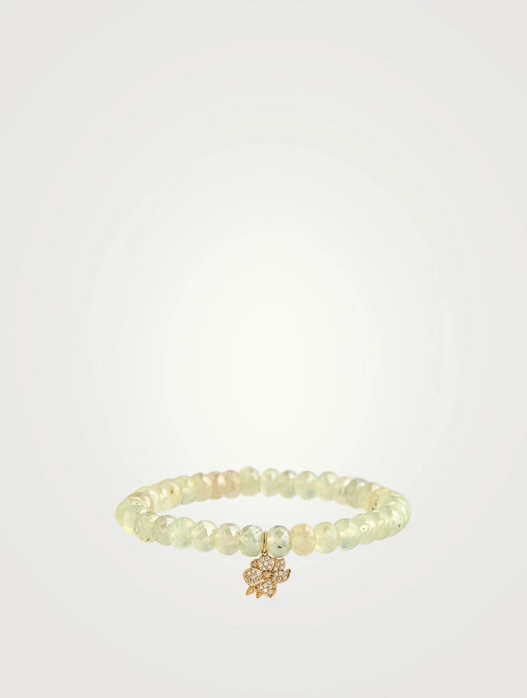 Prehnite Beaded Bracelet With Small 14K Gold Diamond Magnolia Charm