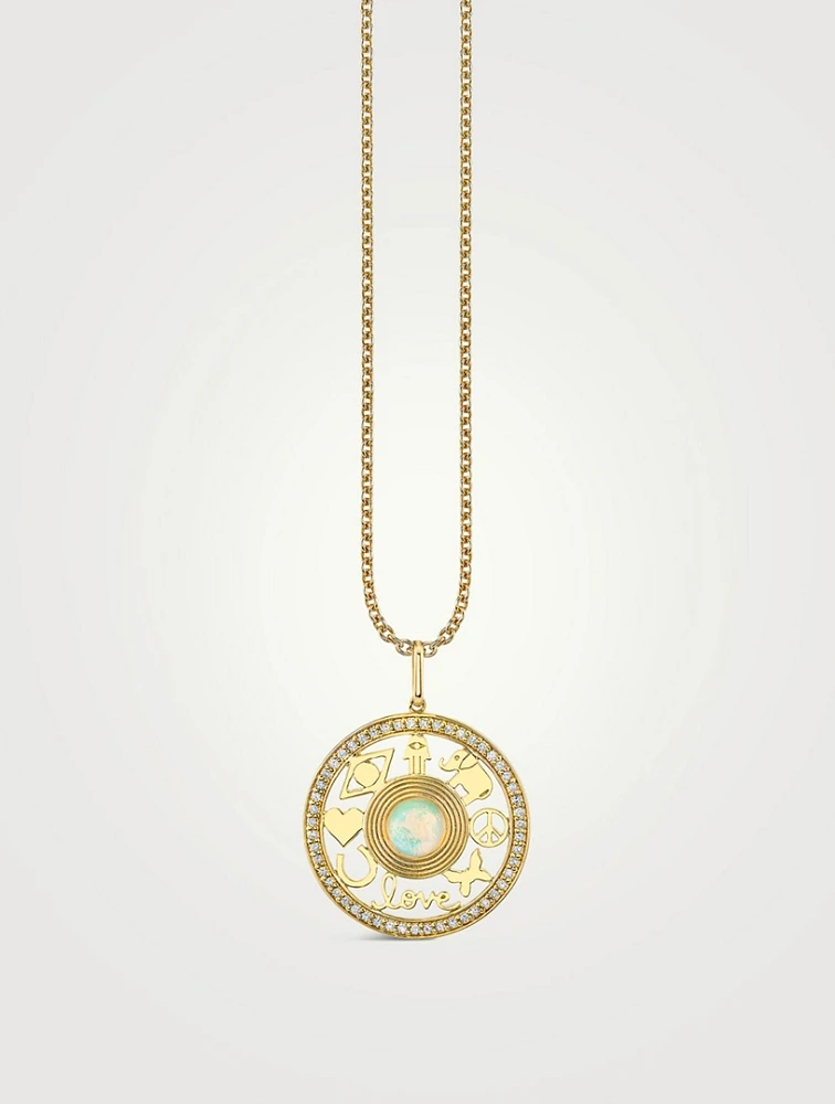14K Gold Open Icon Opal Pendant Necklace With Diamonds