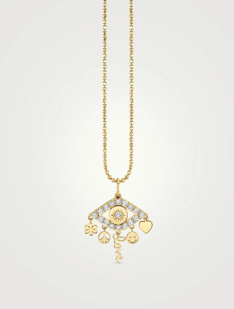 Small 14K Gold Icons Fringe Evil Eye Necklace With Diamonds