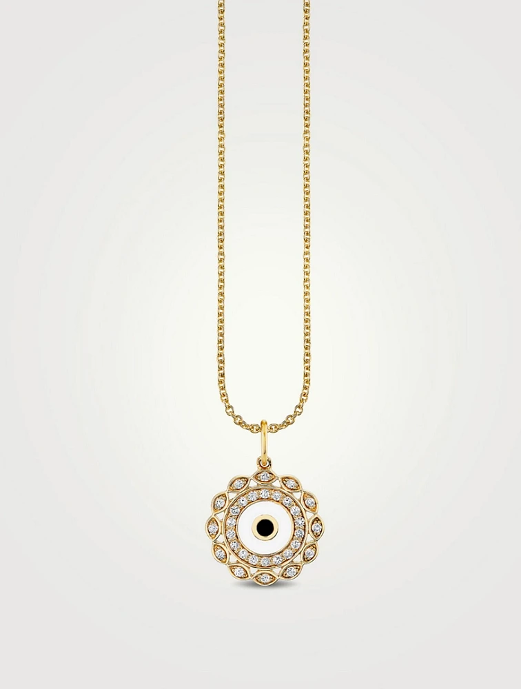 Small 14K Gold Enamel Evil Eye Necklace With Marquise Eye Border And Diamonds