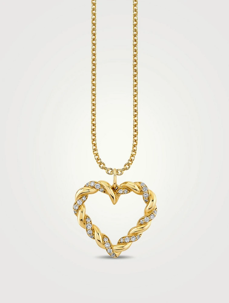 14K Gold Pavé Diamond Rope Heart Charm Necklace
