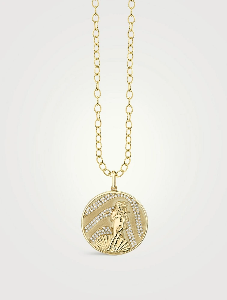 14K Gold Birth Of Venus Coin Necklace With Diamonds