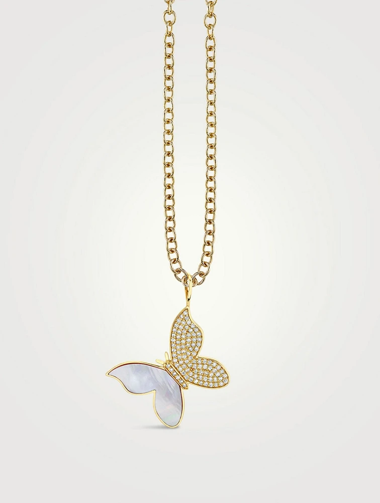 Large 14K Gold Butterfly Necklace With Pink Mother of Pearl And Diamonds