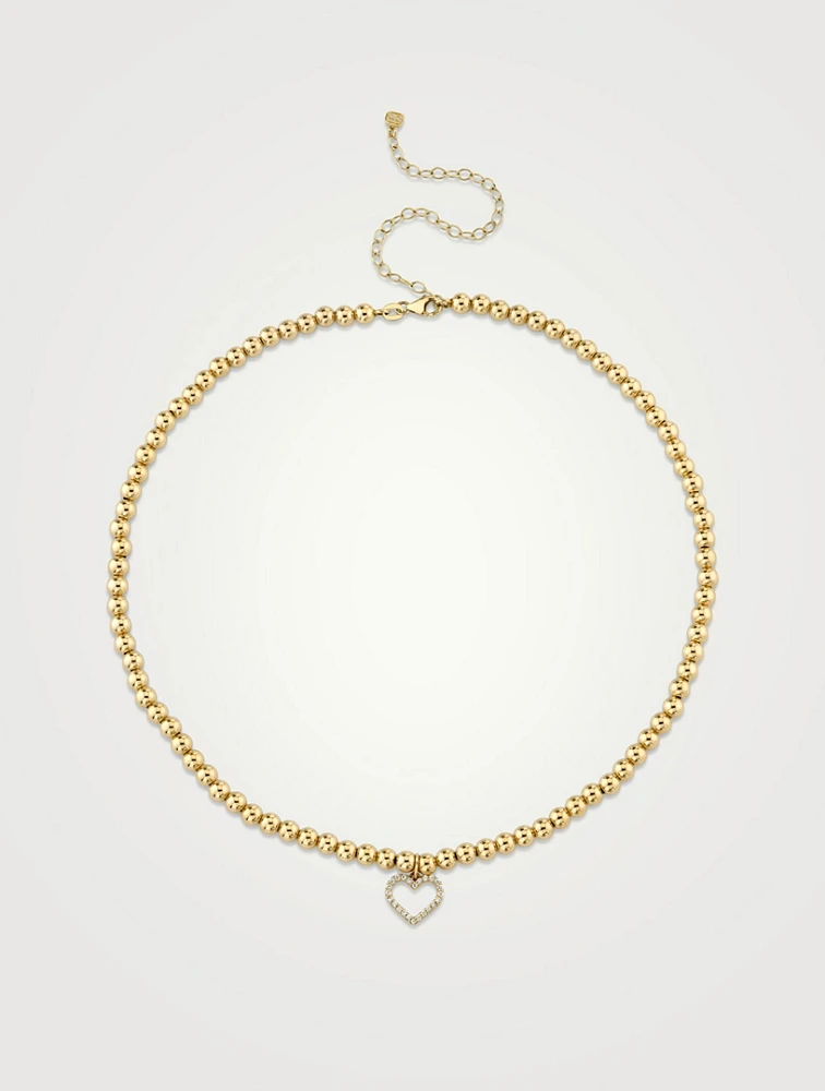 14K Gold Beaded Choker With Open Heart And Pavé Diamonds