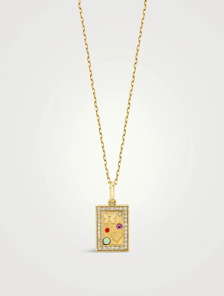 14K Gold Iconography Rectangle Charm Necklace With Diamonds
