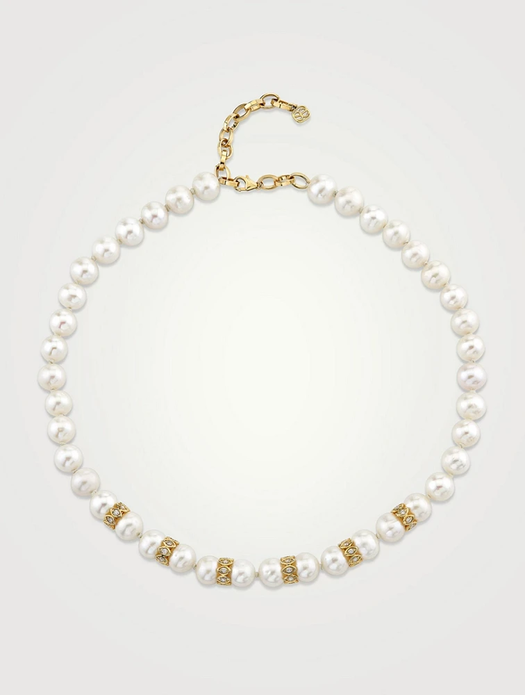 Pearl Necklace With 14K Gold Marquise-Eye Rondelles And Diamonds