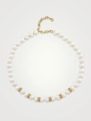 Pearl Necklace With 14K Gold Marquise-Eye Rondelles And Diamonds
