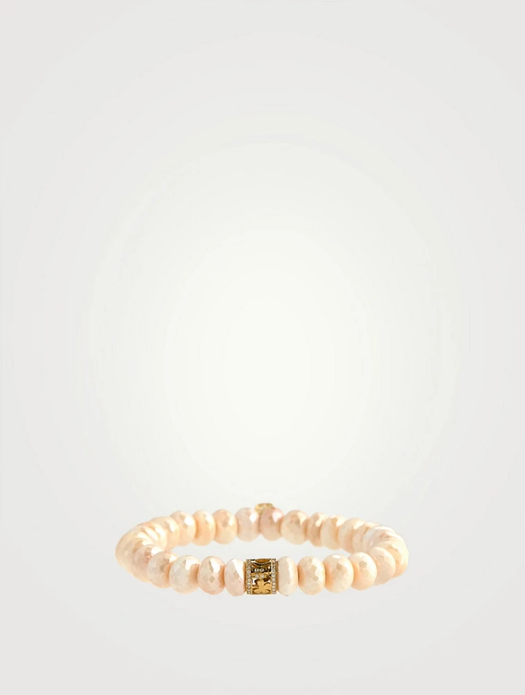 Cream Moonstone Beaded Bracelet With 14K Gold Diamond Lucky Rondelle