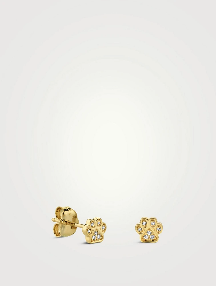 Mini 14K Gold Paw Stud Earrings With Diamonds