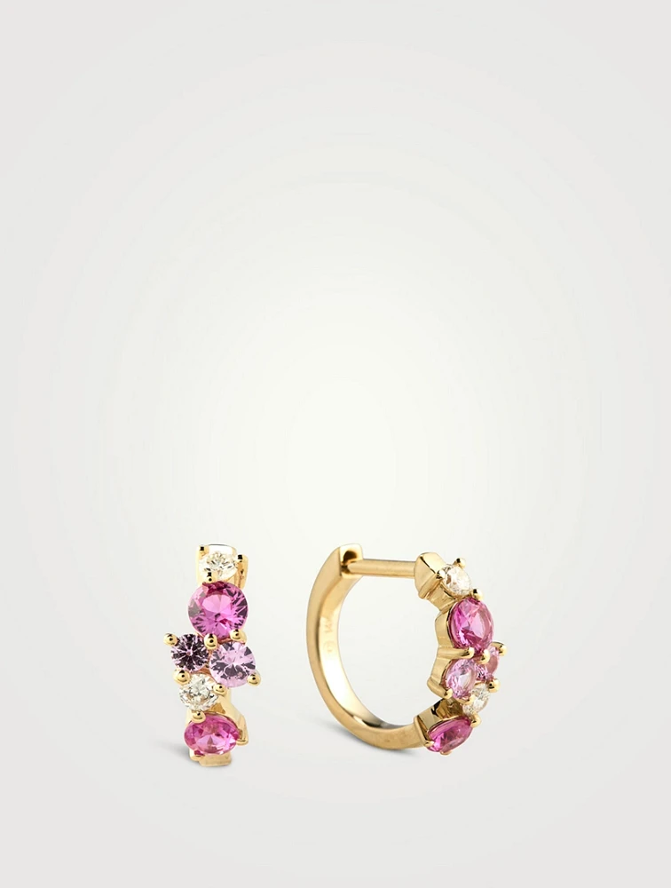 14K Gold Pink Sapphire And Diamond Cocktail Huggie Hoop Earrings