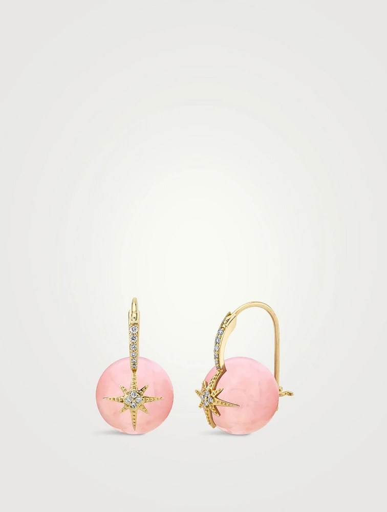 14K Gold Pink Opal Starburst Bead Earrings With Pavé Diamonds