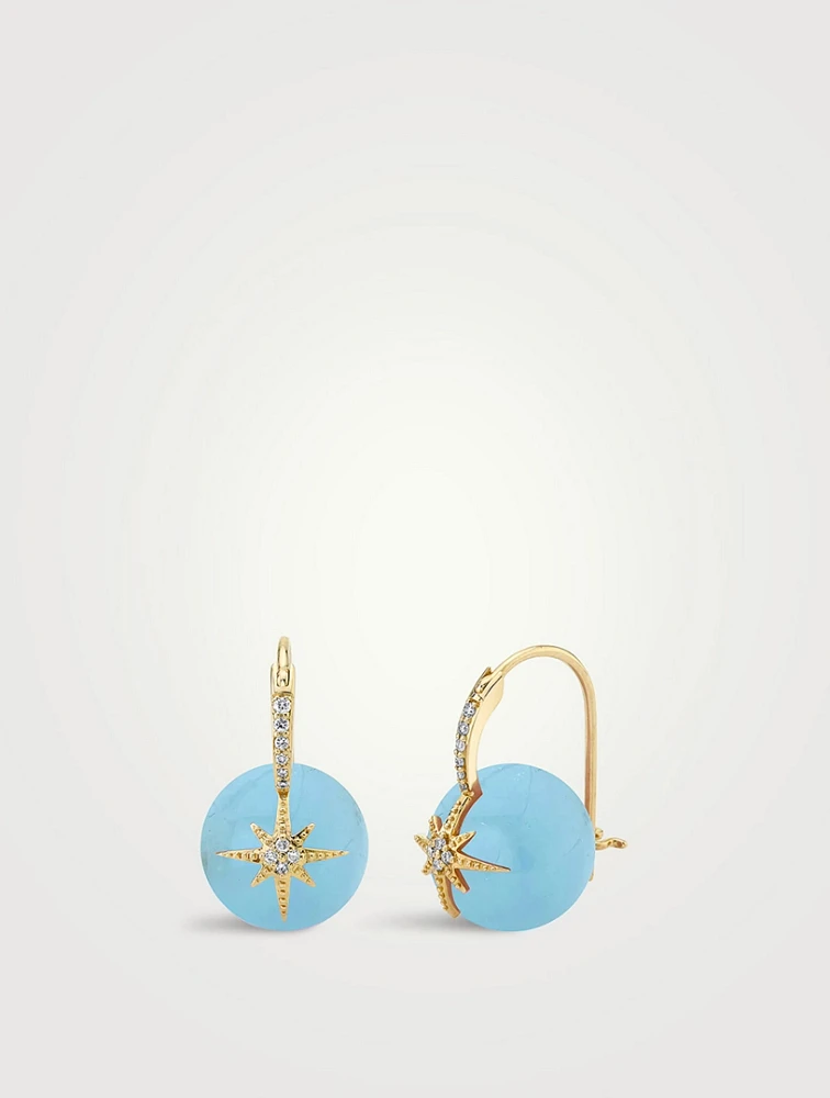 14K Gold Starburst Aquamarine Bead Earrings With Pavé Diamonds