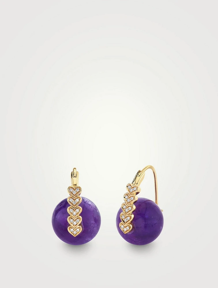14K Gold Tiny Hearts Amethyst Bead Earrings With Diamonds