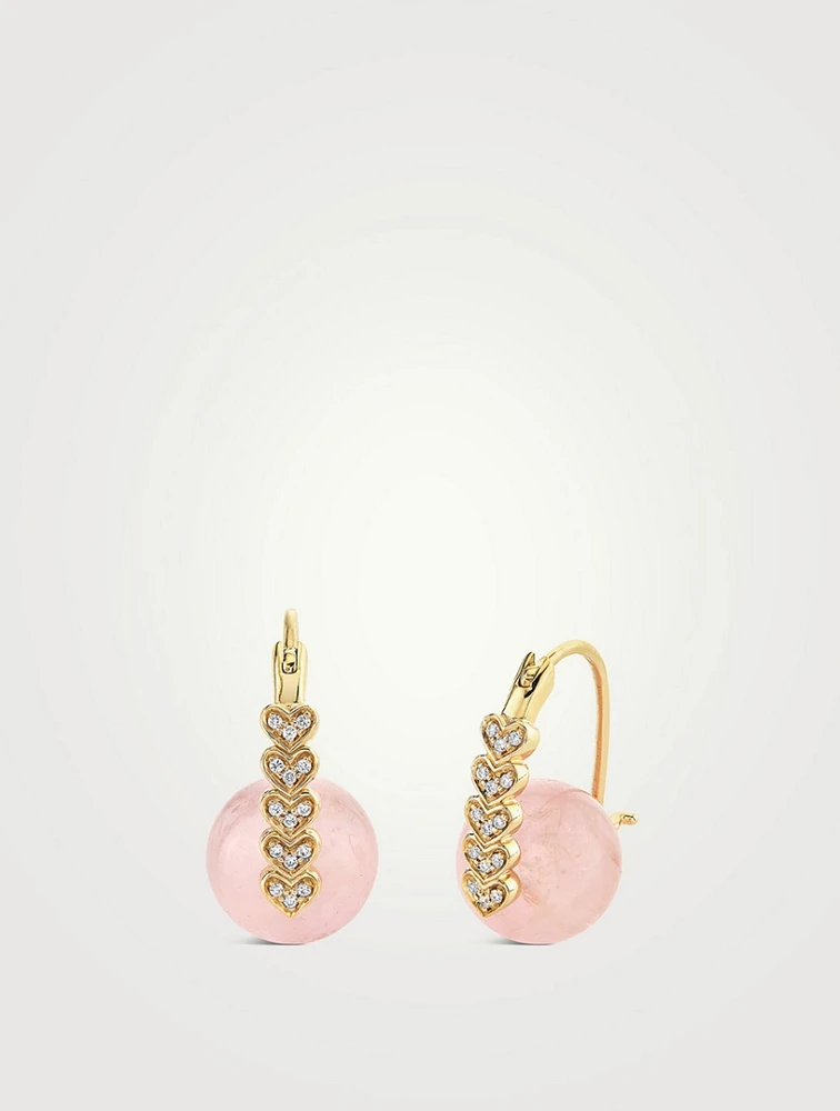 14K Gold Tiny Hearts Morganite Bead Earrings With Diamonds