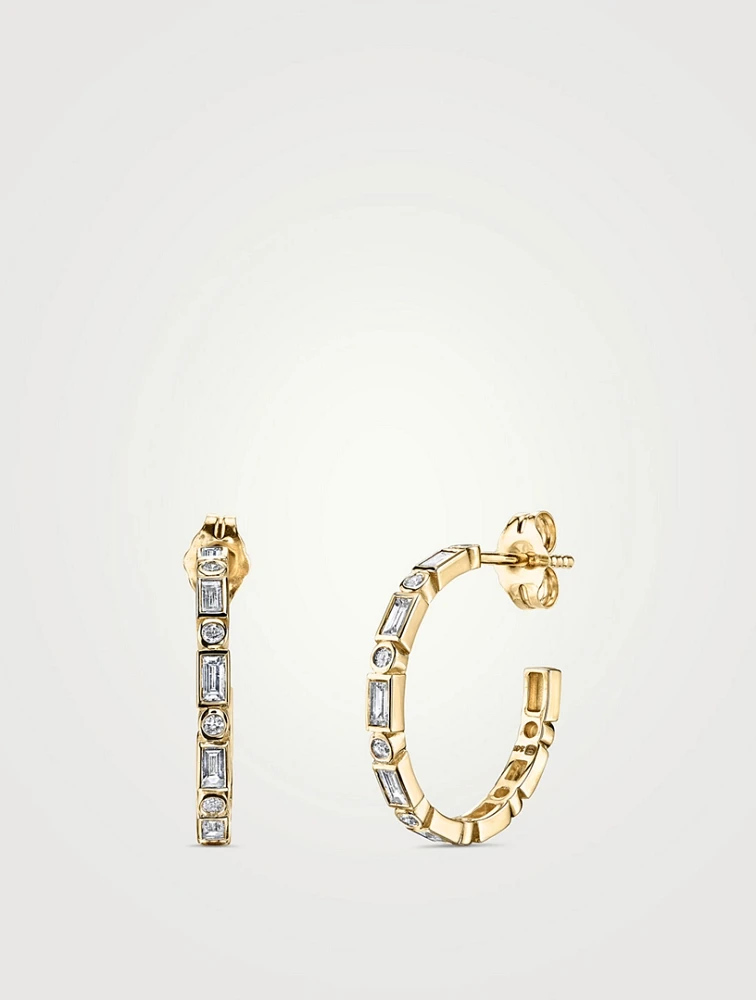 14K Gold Baguette And Round Diamond Bezel Hoop Earrings