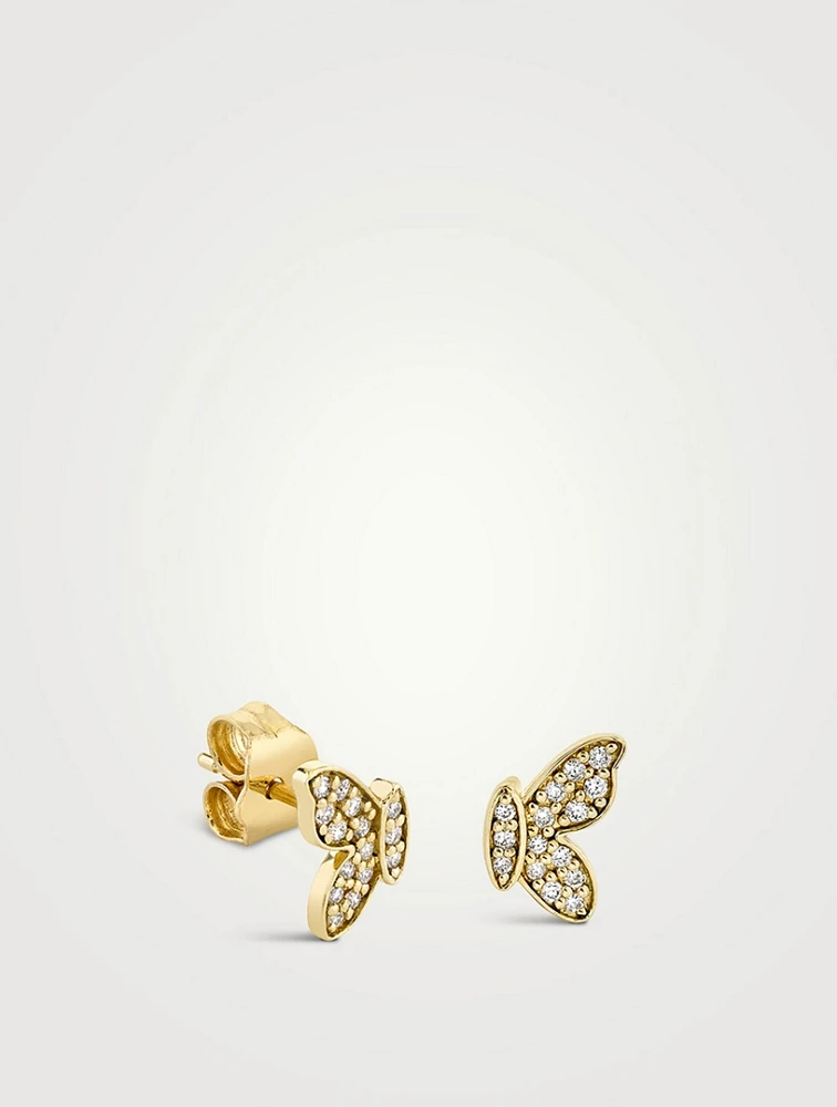 14K Gold Butterfly Mismatch Stud Earrings With Diamonds