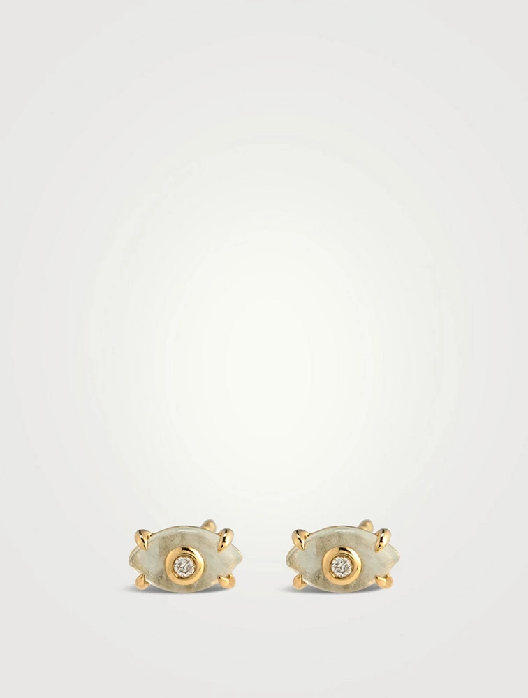 14K Gold Tiny Carved Stone Bezel Evil Eye Stud Earrings With Diamonds
