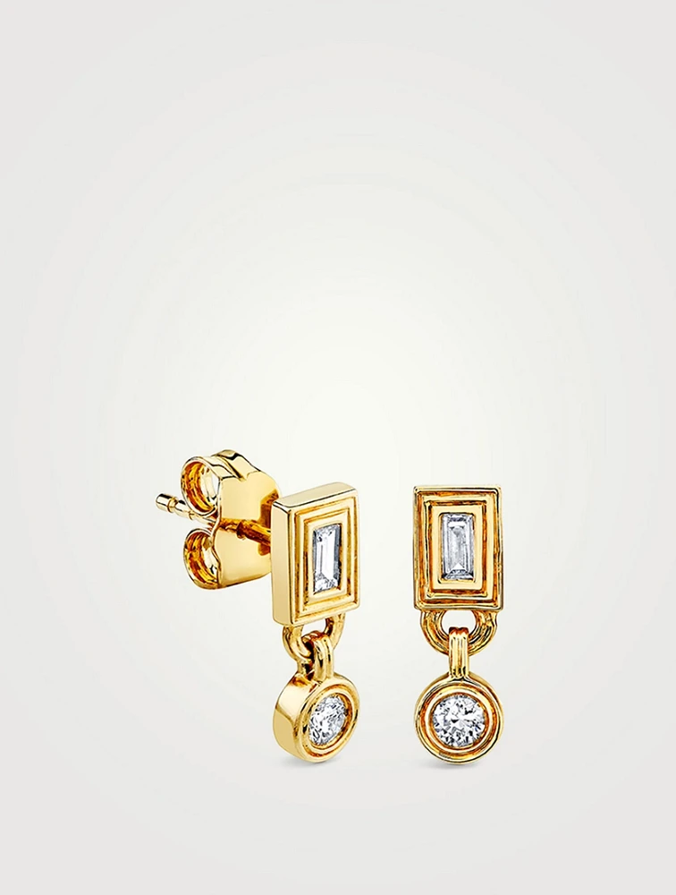 14K Gold Fluted Baguette Stud And Round Drop Earrings With Diamonds