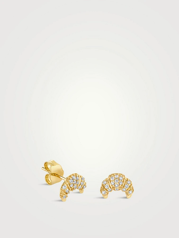 Small 14K Gold Croissant Studs With Diamonds