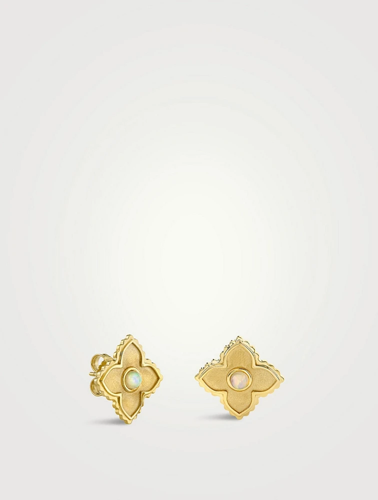 14K Gold Large Bezel Satin Moroccan Stud Earrings With Opal