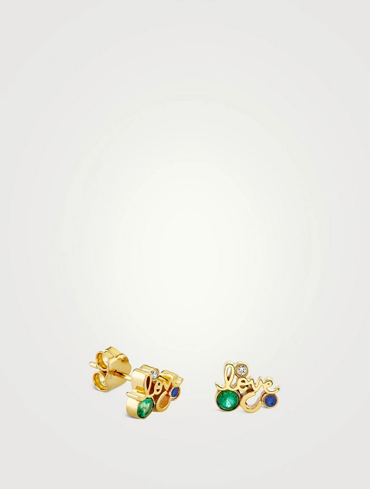 14K Gold Lucky Love Iconography Cluster Stud Earrings With Gemstones