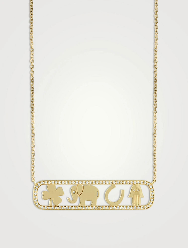 14K Gold Luck And Protection Open Icon Necklace With Diamonds