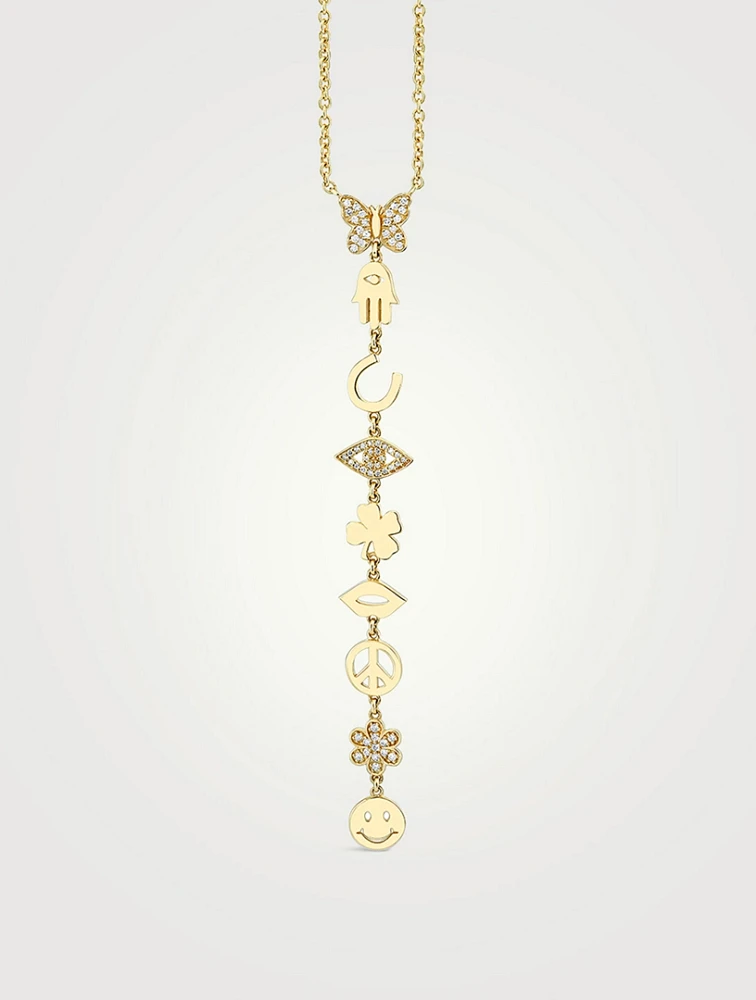 14K Gold Icons Lariat Necklace With Pavé Diamonds