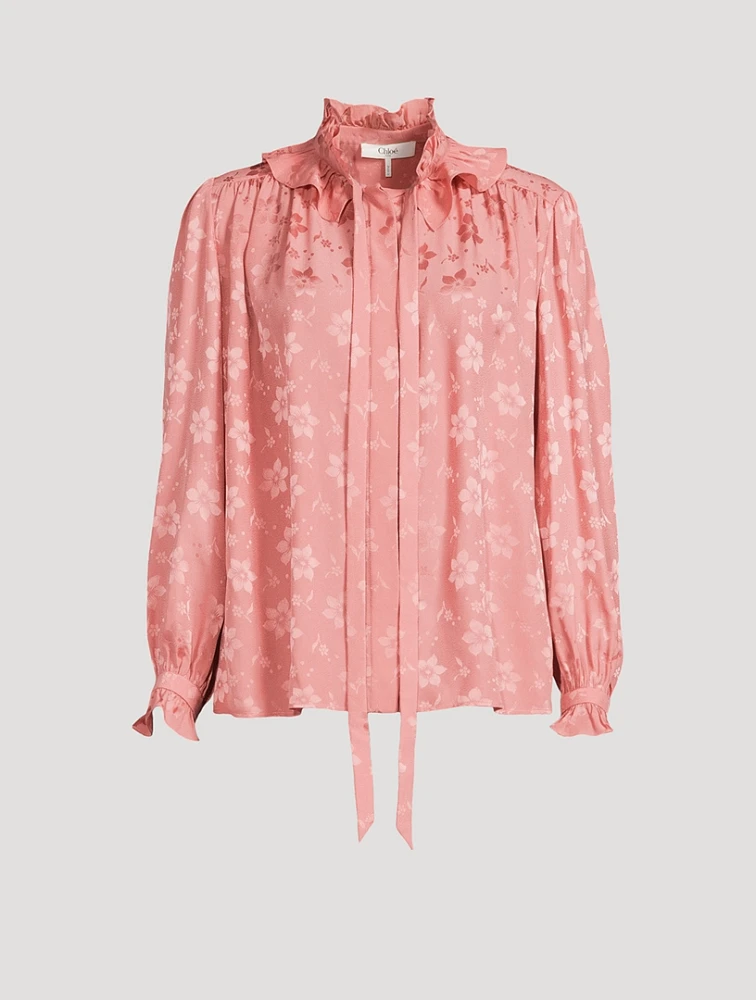 Floral Jacquard Silk Tie-Neck Blouse