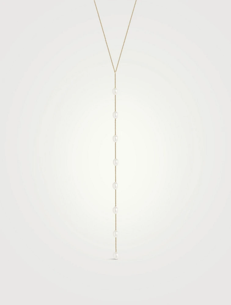 14K Gold Long Lariat Necklace With Pearls