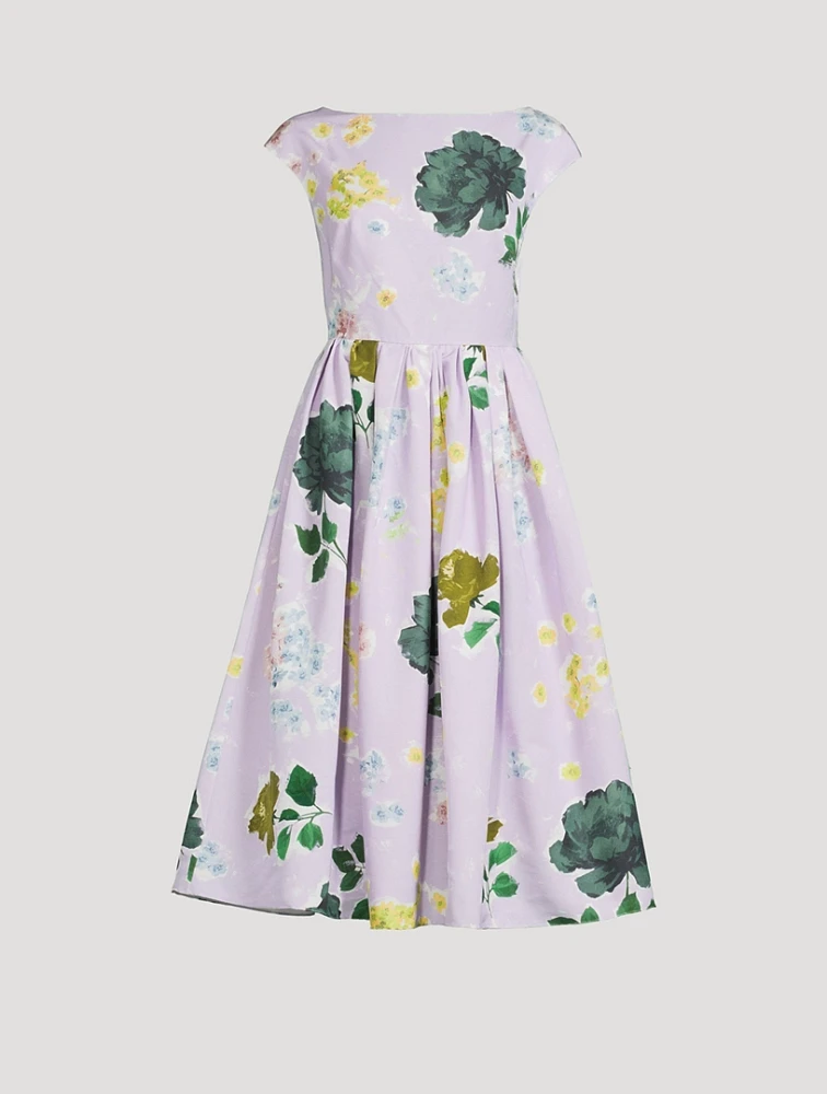Boat Neck Full Skirt Midi Dress Floral Print