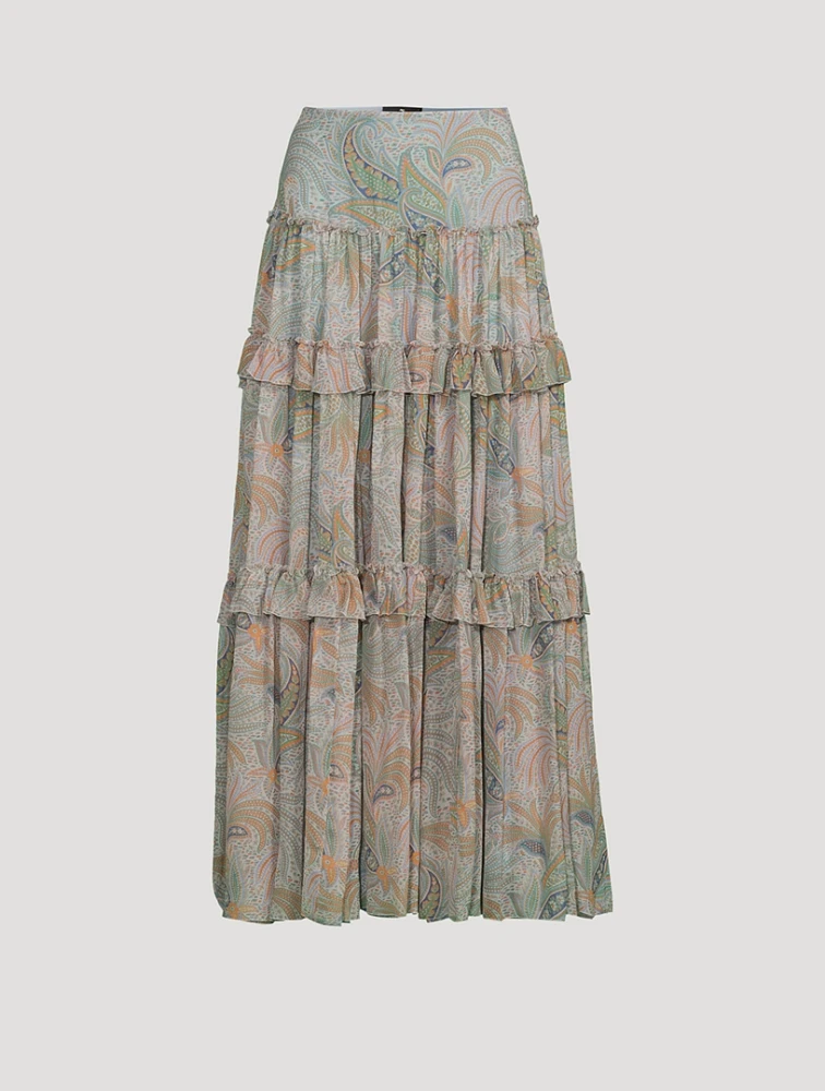 Ruffled Silk Maxi Skirt Paisley Print
