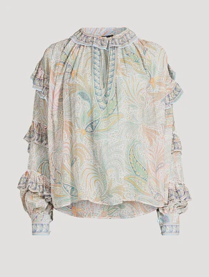 Ruffled Silk Blouse Paisley Print