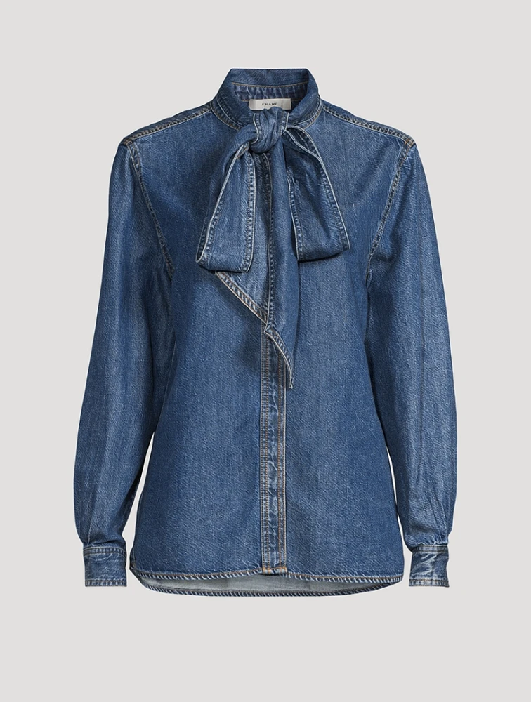 The Secretary Tie-Neck Denim Blouse