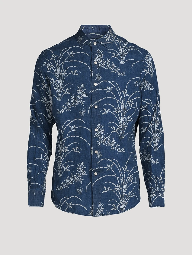 Indigo Floral Linen Long-Sleeve Shirt