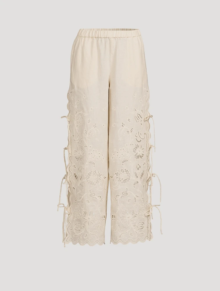 Sadie Embroidered Linen Wide-Leg Pants