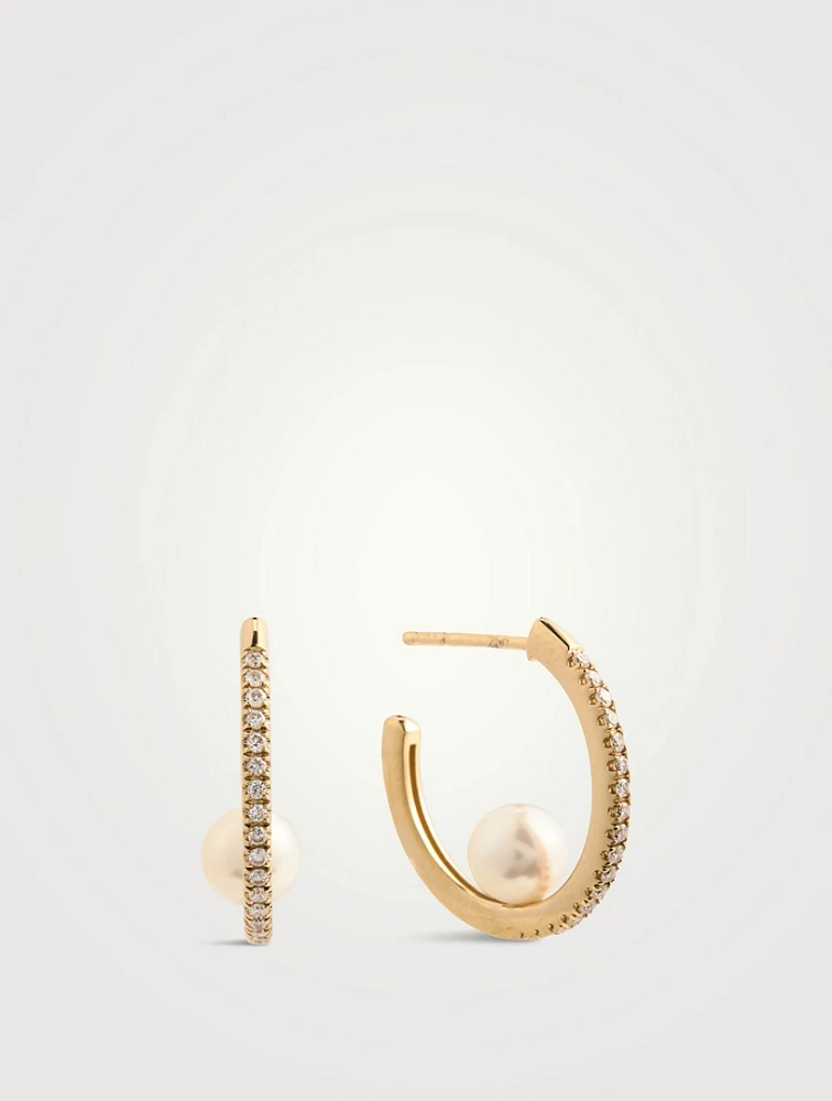 Sea Of Beauty 14K Gold Hoop Earrings With Pearl And Diamonds