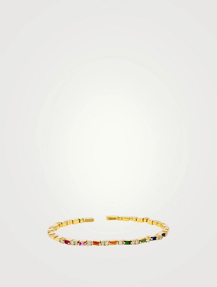 18K Gold Thin Mix Rainbow Sapphire Uneven Bangle Bracelet