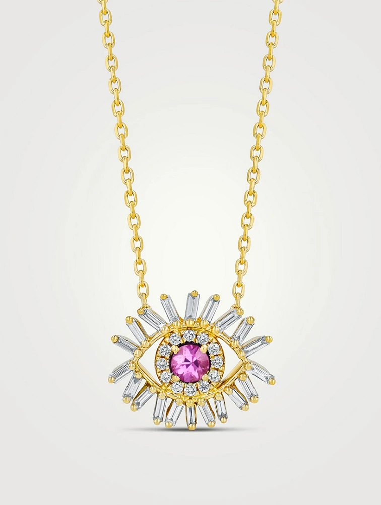 18K Gold Evil Eye Mini Pink Sapphire Pendant Necklace