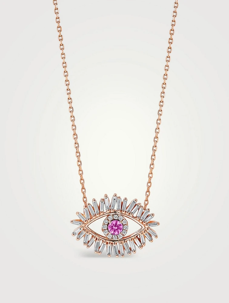 18K Rose Gold Evil Eye Midi Pink Sapphire Pendant Necklace