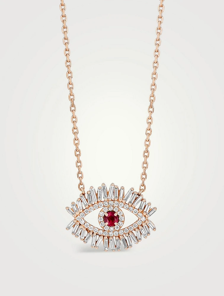 18K Rose Gold Evil Eye Midi Half Pavé Ruby Pendant Necklace