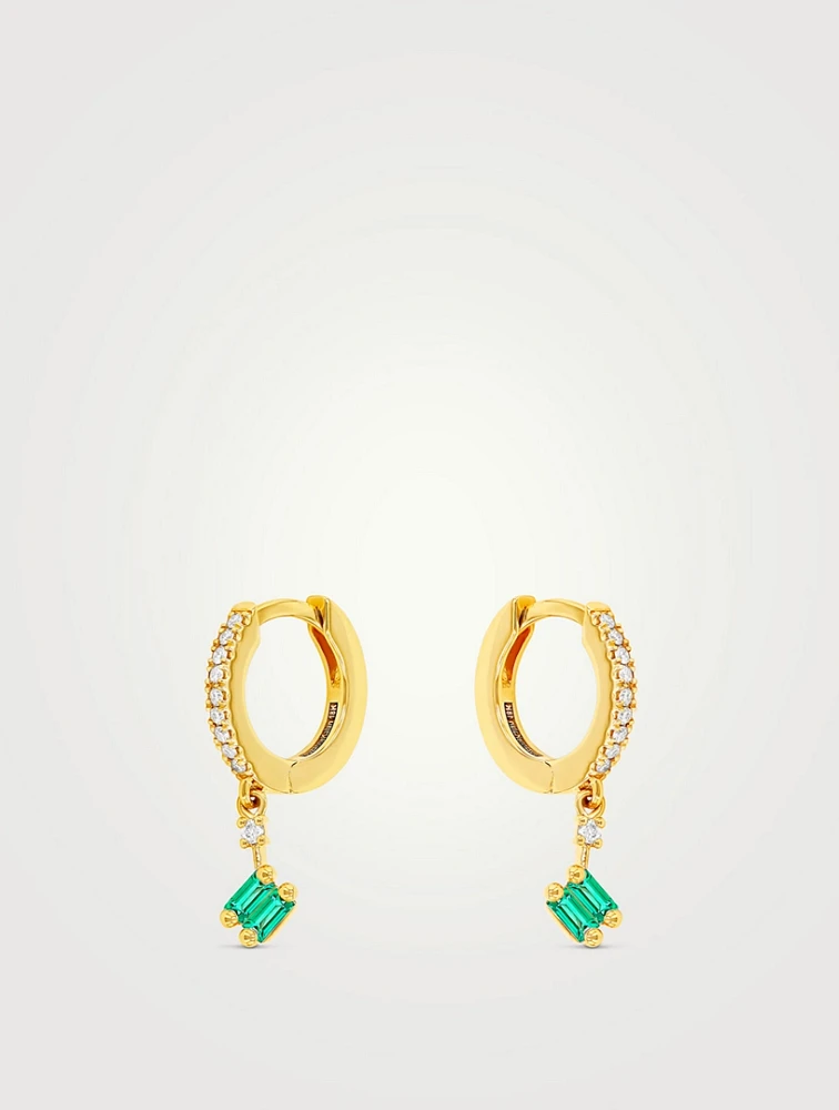 18K Gold Dangle Drop Emerald And Diamond Huggie Hoop Earrings