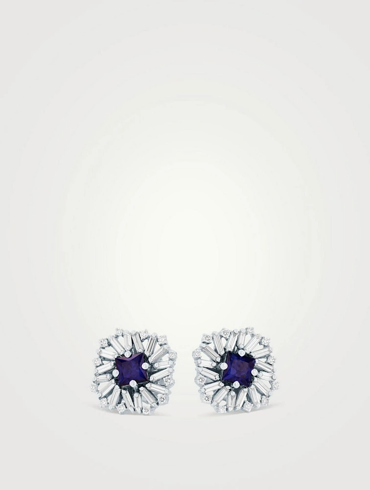 18K White Gold Princess Burst Sapphire Stud Earrings