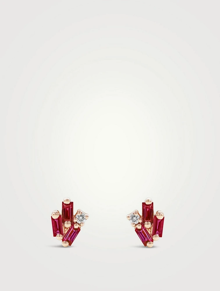 18K Rose Gold Bold Cluster Ruby Stud Earrings