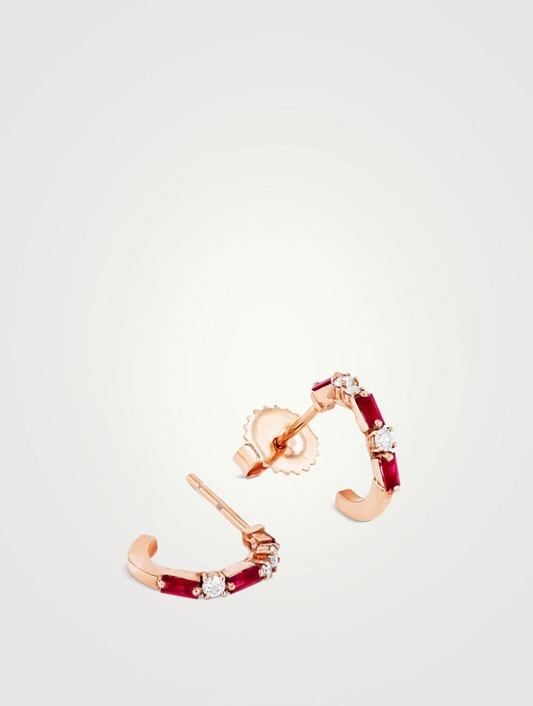 18K Rose Gold Thin Mix Mini Ruby Hoop Earrings