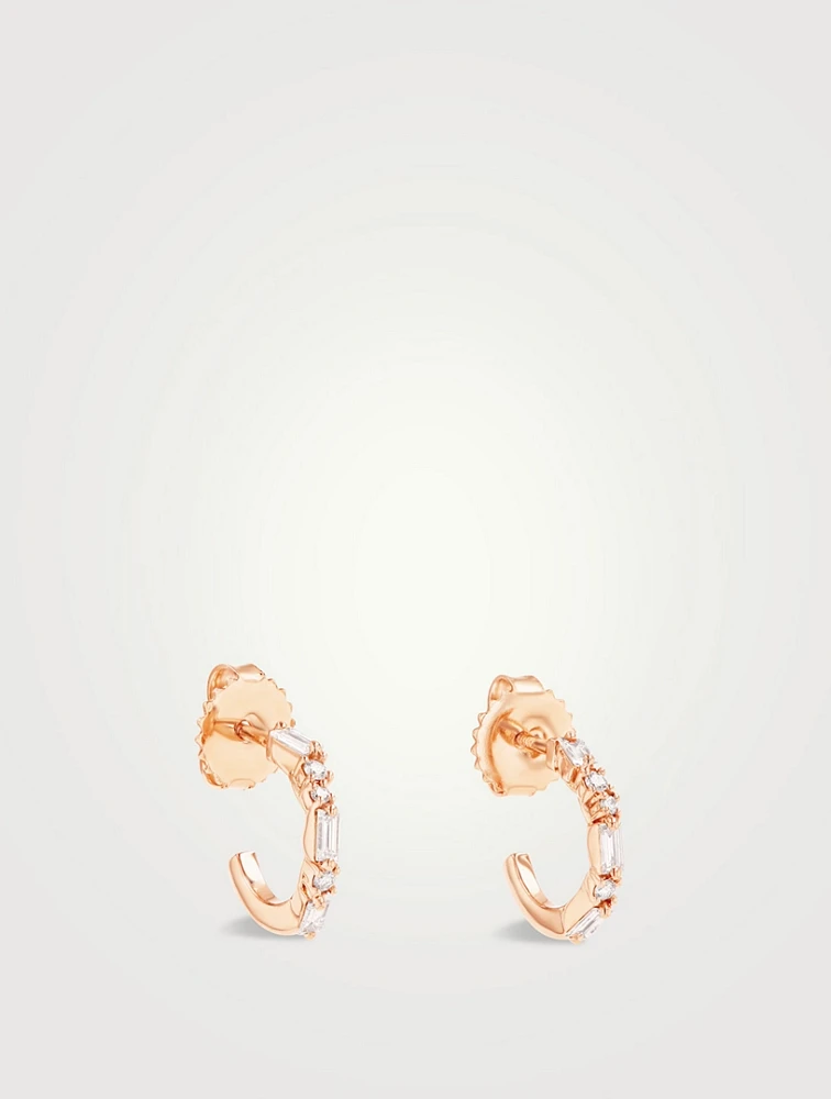 18K Rose Gold Thin Mix Mini Diamond Hoop Earrings