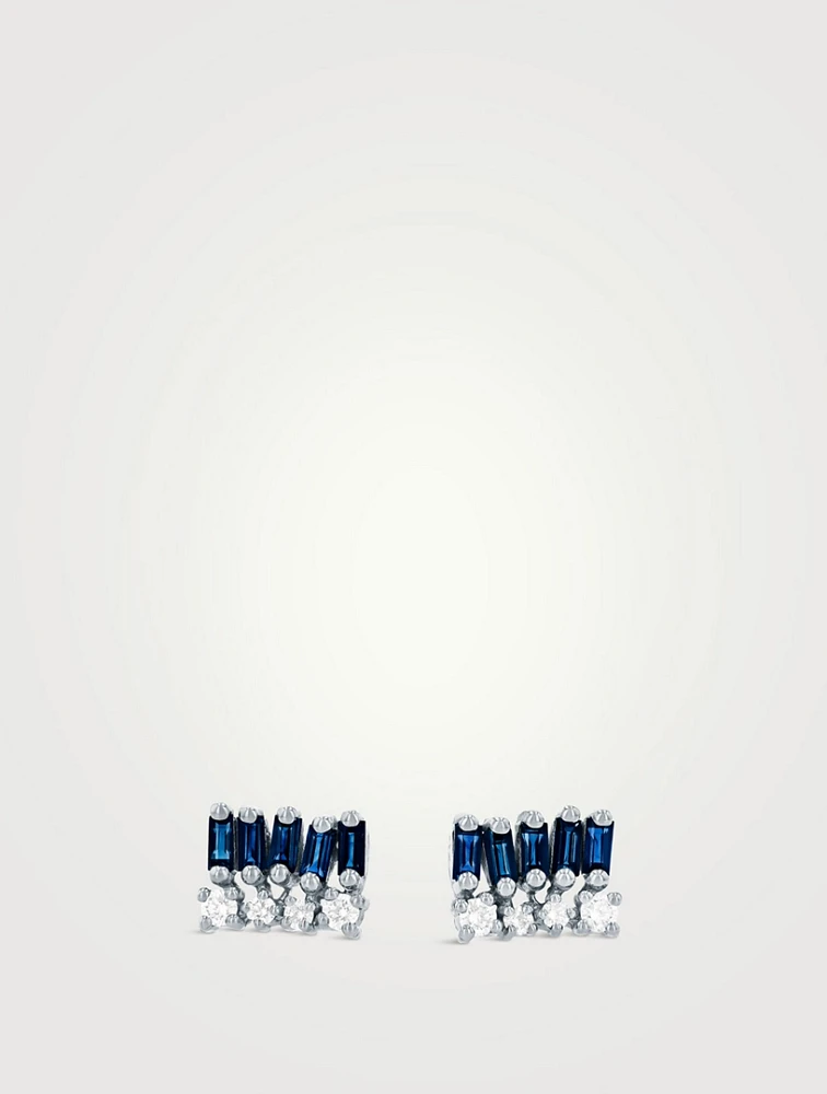 18K White Gold Short Stack Dark Blue Sapphire Stud Earrings