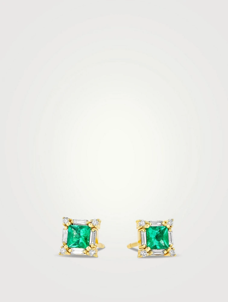 18K Gold Princess Midi Emerald Stud Earrings