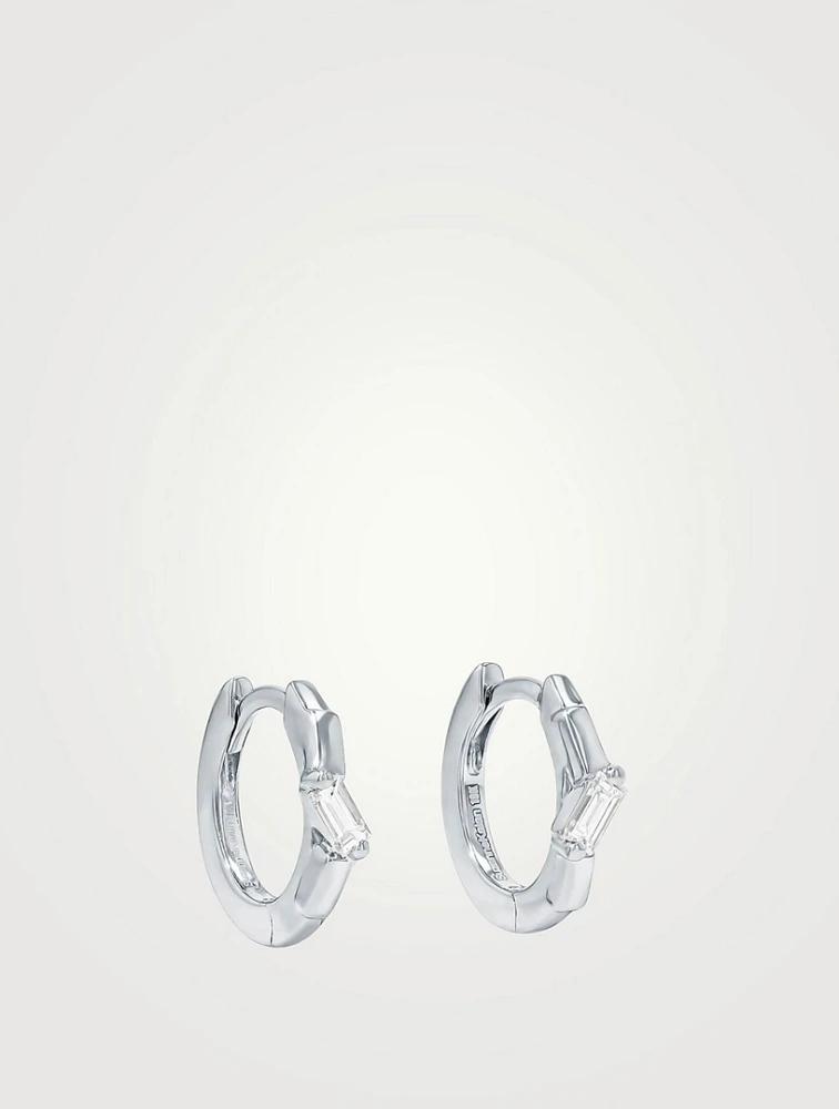 18K White Gold Bold Single Diamond Huggie Hoop Earrings